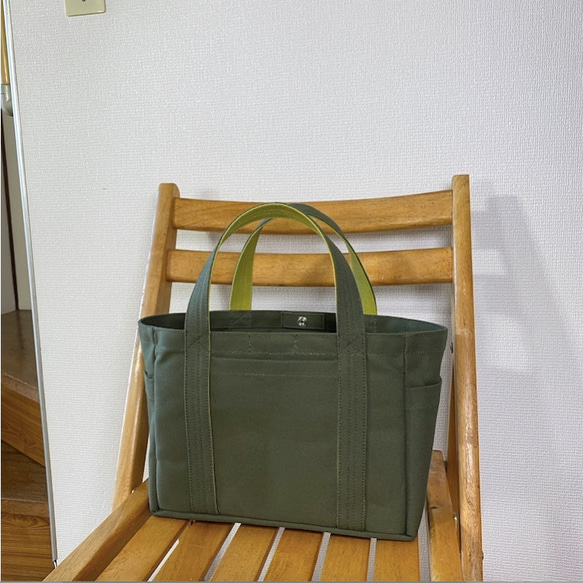 “Pocket Tote”小號“Olive x Hiwa Green”/帆布手提包/倉敷帆布 No.8 [定做] 第2張的照片