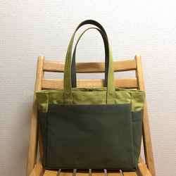 “盒裝手提包”中號“Shrine green x olive x mustard”Kurashiki帆布No. 8 Izumi棉 第1張的照片