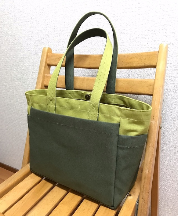 “盒裝手提包”中號“Shrine green x olive x mustard”Kurashiki帆布No. 8 Izumi棉 第2張的照片