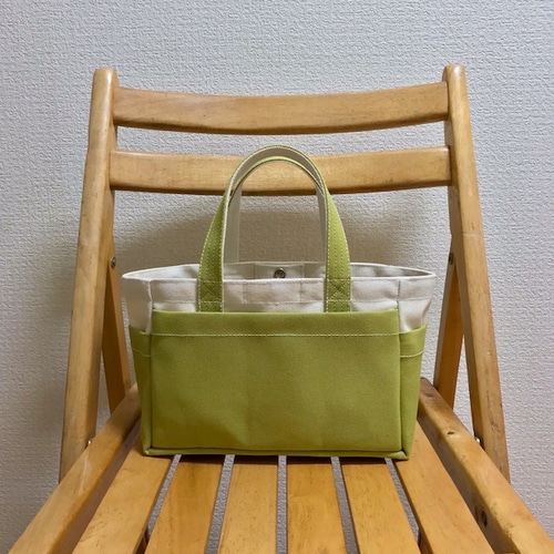 ボックストート」ミニサイズ 「生成り×ヒワグリーン」帆布トートバッグ