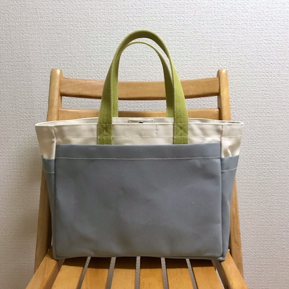 “Box tote”通勤手提包“Generation×grey×green green”帆布手提包Kurashiki帆布No.8 第1張的照片