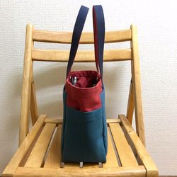 “Box tote”小號“Canyon red x navy（紺）x礦物藍”帆布手提包Kurashiki帆布No.8 [訂單製作 第2張的照片
