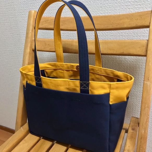 “Box tote”小號“Mustard x Navy (海軍藍)”倉敷帆布 Izumi 棉帆布 [定做] 第2張的照片