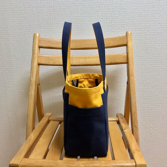 “Box tote”小號“Mustard x Navy (海軍藍)”倉敷帆布 Izumi 棉帆布 [定做] 第3張的照片