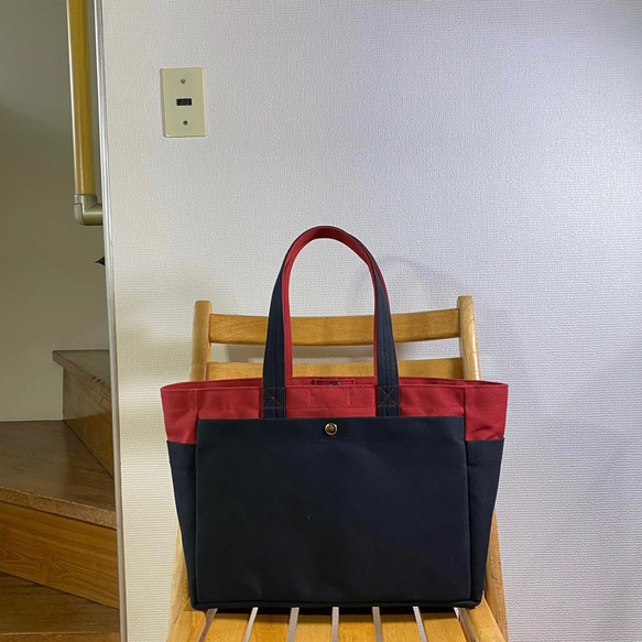 “Box Tote”通勤手提包“Canyon Red x Black (Black)”/帆布手提包/倉敷帆布 No.8 [定做] 第1張的照片