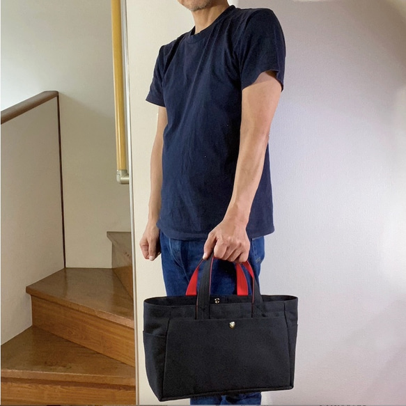 ボックストート」横長サイズ 「ブラック(黒)×赤」／帆布トートバッグ