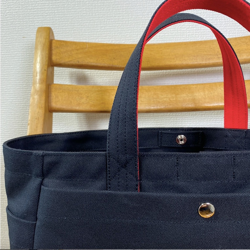 ボックストート」横長サイズ 「ブラック(黒)×赤」／帆布トートバッグ