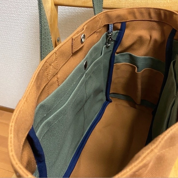 “口袋手提包”通勤尺寸“駱駝 x 橄欖”Izumi 棉帆布倉敷帆布 [定做] 第6張的照片