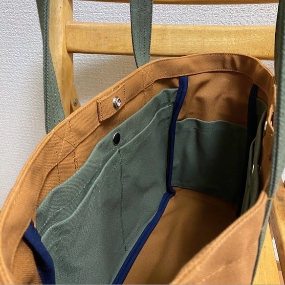 “口袋手提包”通勤尺寸“駱駝 x 橄欖”Izumi 棉帆布倉敷帆布 [定做] 第7張的照片