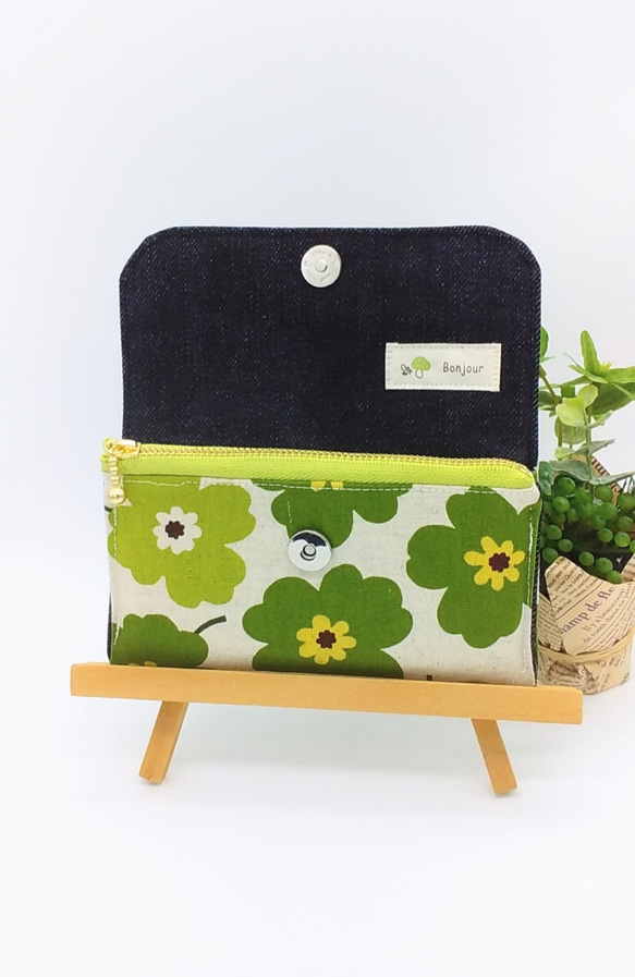 【再販2】全7カラー※ミニ財布⭐︎北欧風の花柄&デニム（グリーン） 2枚目の画像