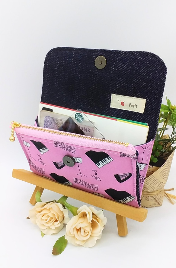 【再販】ミニ財布☆ピアノと音符&デニム（ピンク） 6枚目の画像