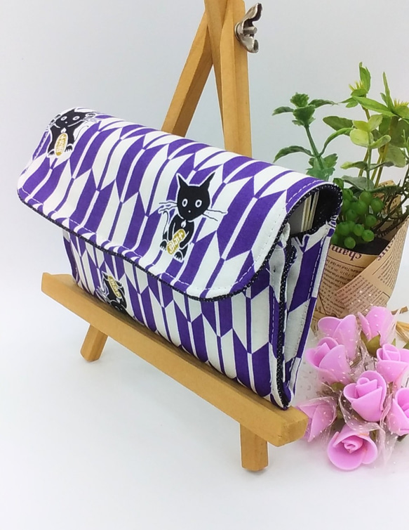 完売ミニ財布⭐︎猫と矢絣柄&デニム（紫）和柄 7枚目の画像
