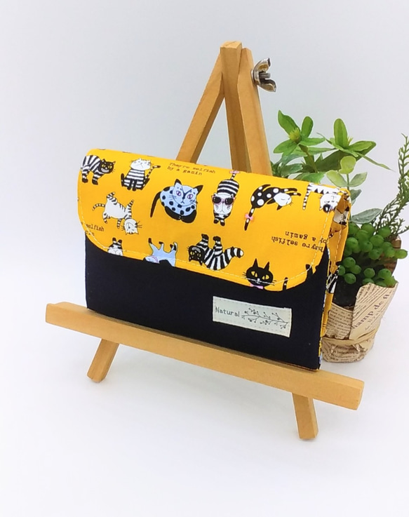全3カラー☆コンパクト財布❇猫と小花柄&デニム（イエロー） 1枚目の画像