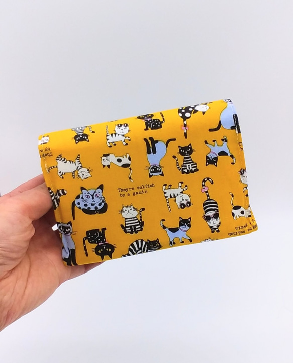全3カラー☆コンパクト財布❇猫と小花柄&デニム（イエロー） 8枚目の画像