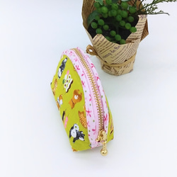 【再販】ミニポーチ☆柴犬と和菓子（黄緑）小銭入れ　イヤフォンケース 3枚目の画像