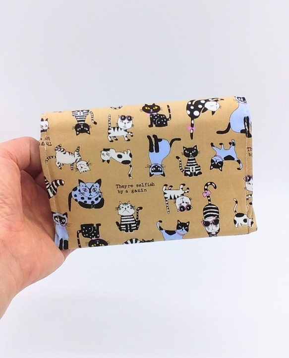 全3カラー☆コンパクト財布⭐︎猫と小花柄&デニム（モカブラウン） 8枚目の画像