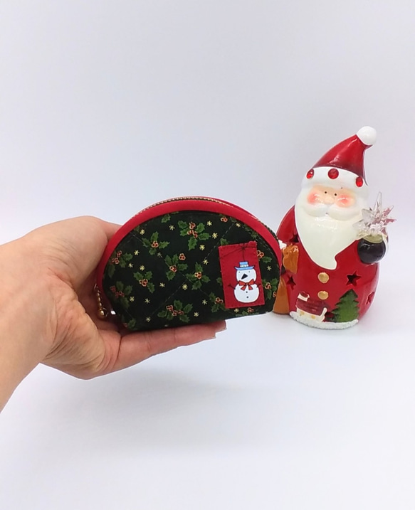 完売クリスマス☆ミニポーチ☆ヒイラギ&雪だるま（グリーン）小銭入れ　コインケース 1枚目の画像