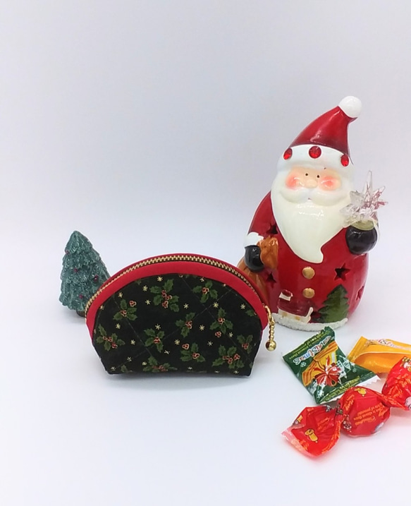 完売クリスマス☆ミニポーチ☆ヒイラギ&雪だるま（グリーン）小銭入れ　コインケース 2枚目の画像