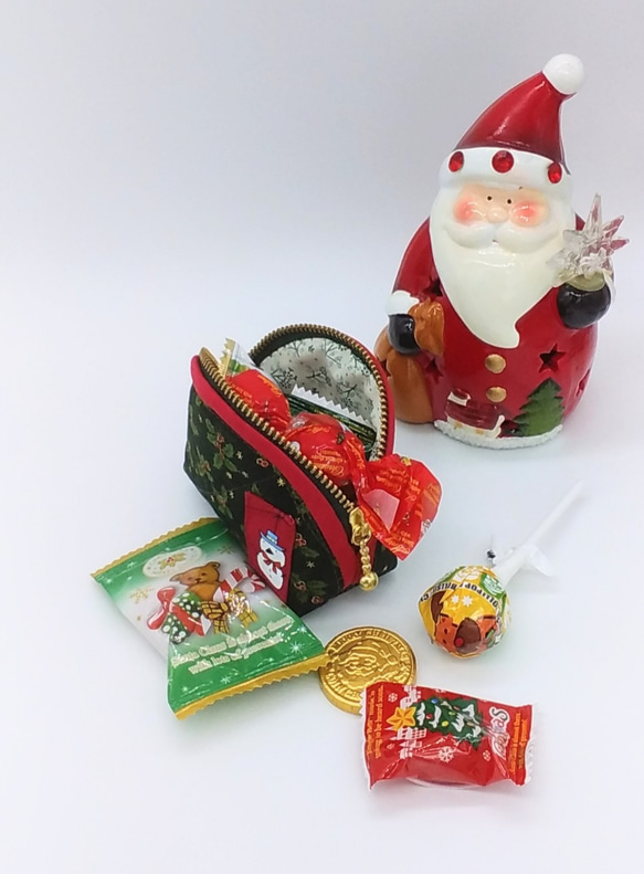 完売クリスマス☆ミニポーチ☆ヒイラギ&雪だるま（グリーン）小銭入れ　コインケース 7枚目の画像