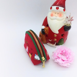 ⑦【再販】クリスマス☆ミニポーチ☆サンタクロース&小花（赤）小銭入れ　コインケース 2枚目の画像