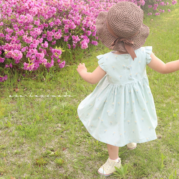 【８０】ブルーグレーの花柄フリルワンピース＊ 2枚目の画像