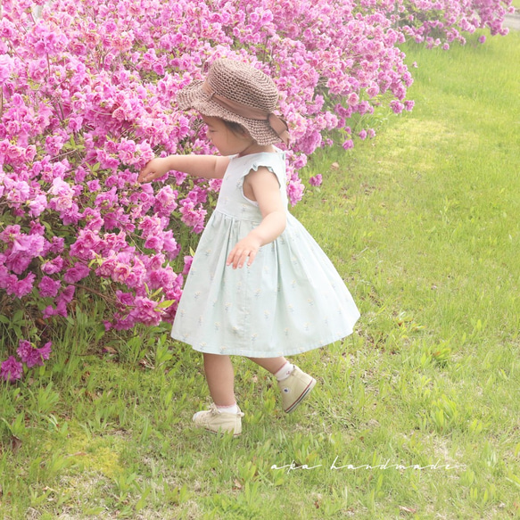 【１３０】ブルーグリーンの花柄フリルワンピース 9枚目の画像