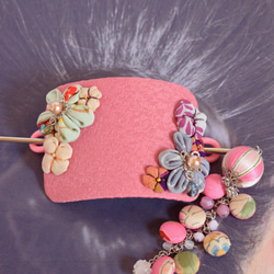 コーデセット　夏待ち牡丹色　ピンク系・巻き玉・縫いつまみ・古布・天然石　かんざしとマジェステのセット 10枚目の画像