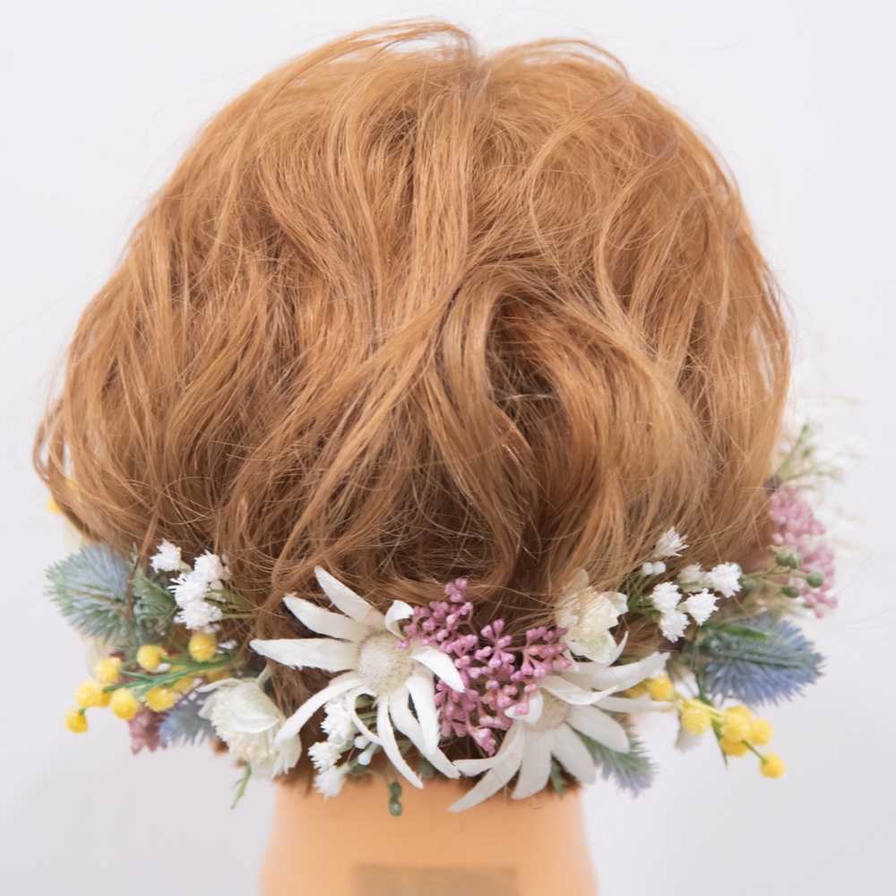 【 ショートボブやボブの花嫁様に 】アーティフィシャルフラワー（ミモザ）のヘッドパーツD