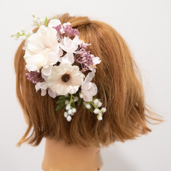 【ボブやショートボブの花嫁様に】桜・ミモザのヘッドドレスH 春の結婚式や二次会・フォトウェディングのボンネ風ヘッドパーツ 3枚目の画像
