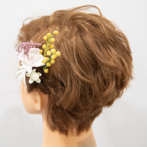 【ショートヘアやベリーショートの花嫁様に】アーティフィシャルフラワー（ミモザ）のヘッドパーツC 3枚目の画像