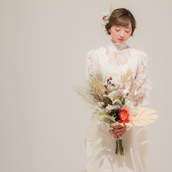 【ショートボブやボブの花嫁様に】パンパスグラスのボンネ風ヘッドドレスN　結婚式・前撮りドライフラワー風髪飾りヘッドパーツ 3枚目の画像