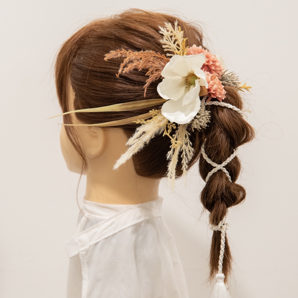 【秋冬の花嫁様の組紐アレンジ・玉ねぎアレンジに】ドライフラワー風ヘッドドレスHピンク グラミネ・パンパスグラスの髪飾り