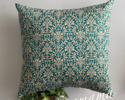 北欧調 クッションカバー 秋冬 ダマスク柄 アンティーク調 ブルー