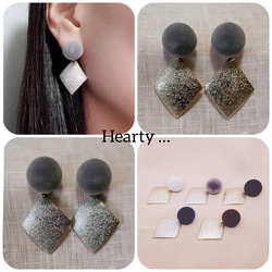 《2way》フロッキーピアス(ｸﾞﾚｰ)&ダイヤプレートキャッチ　Heartily… 2枚目の画像