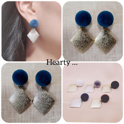 《2way》フロッキーピアス(ﾌﾞﾙｰ)&ダイヤプレートキャッチ　Heartily… 2枚目の画像