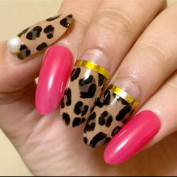 ネイルチップ レオパードネイル ヒョウ柄 ビビッドピンクネイル うる艶