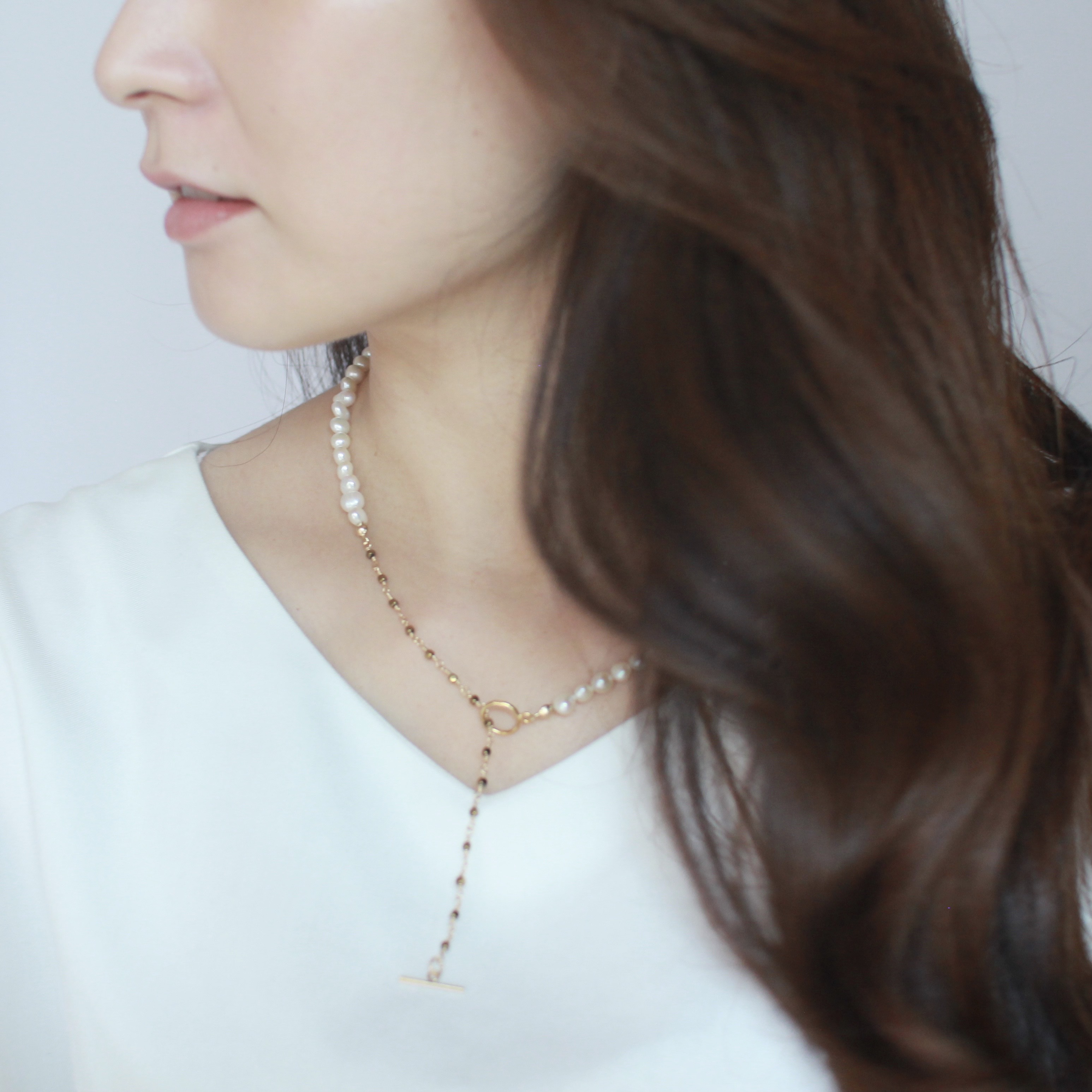 CLUE 14kgf 2wayバロックパールとヘマタイトチェーンのネックレス