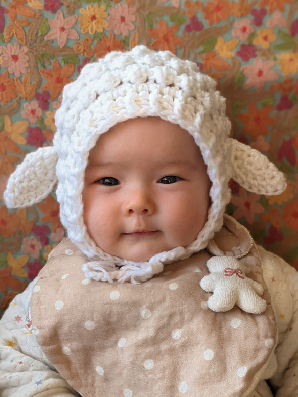ヒツジの帽子 ボンネット ベビー 0-12ヶ月 1枚目の画像