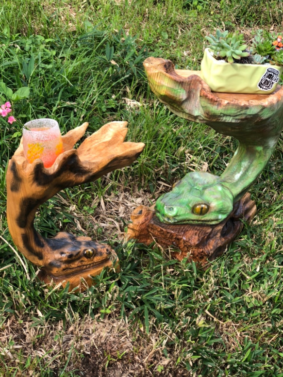 ヘビ パイソン チェーンソーアート作品 木彫り 彫刻 爬虫類 生き物