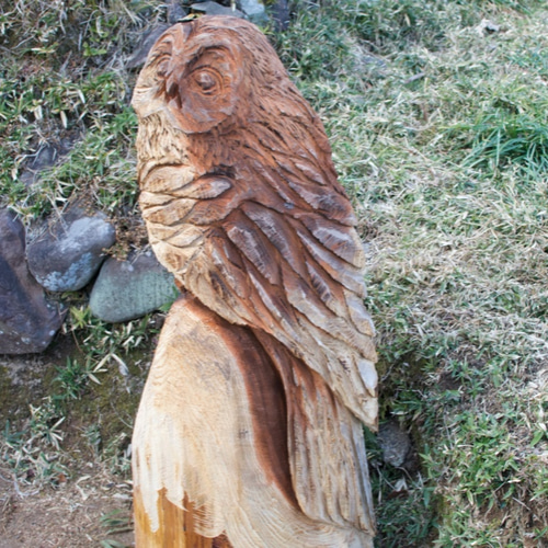 フクロウ 福来郎 チェーンソーアート作品 木彫り 彫刻 鳥 猛禽類