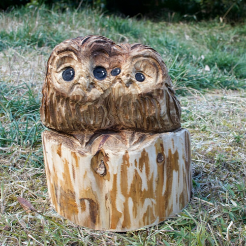 寄り添うフクロウ 福来郎 チェーンソーアート作品 木彫り 彫刻 鳥 猛禽
