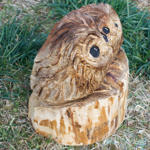 寄り添うフクロウ 福来郎 チェーンソーアート作品 木彫り 彫刻 鳥 猛禽