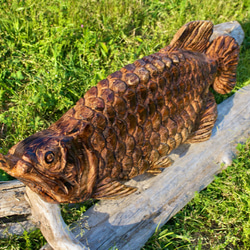 アロワナ　龍魚　「アンティーク仕上げ」　チェーンソーアート彫刻作品 3枚目の画像