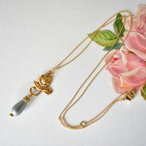 20s フランスアンティークスフレガラスと薔薇のネックレス