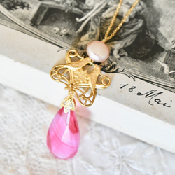 鳥和淡水玫瑰珍珠，復古粉紅色gibber滴項鍊 第2張的照片