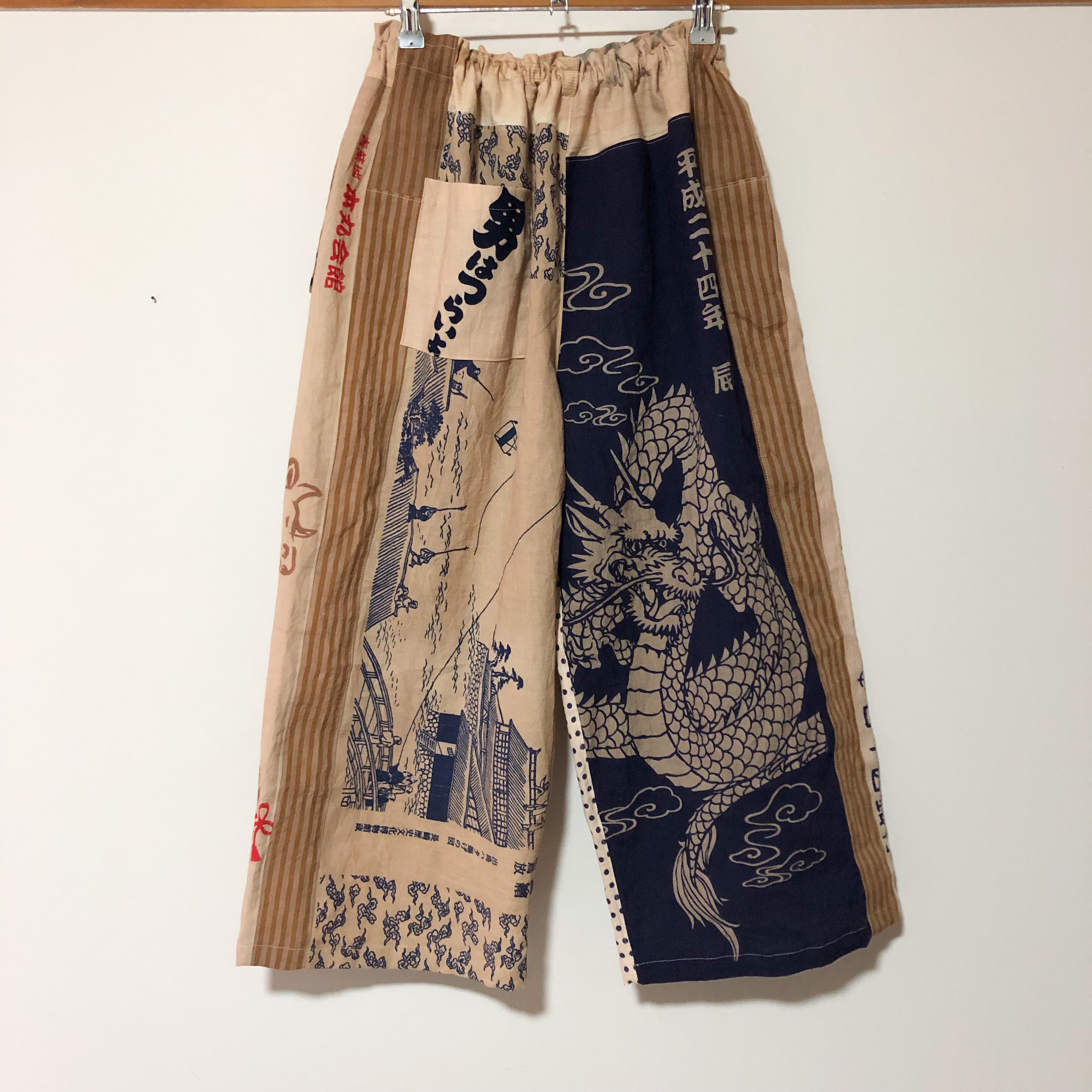 ツムラ　日本の名湯　柿渋手ぬぐい　パンツ　有松絞り　ハンドメイドパンツ　刺し子 ツムラ 日本の名湯 柿渋手ぬぐい パンツ 有松絞り ハンドメイド