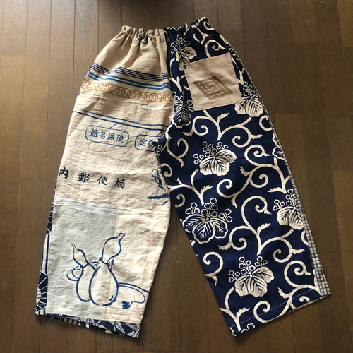 柿渋染め 手ぬぐい 風呂敷リメイク ワイドパンツ ゆったりズボン