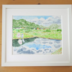 「島根の田んぼ」　水彩画　風景画　ハンドメイド額縁付き 0_f46c4c4b1392b1055431a7644145