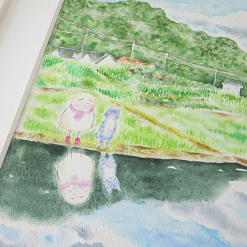 ✻【原画/額装】田んぼの水鏡 ポテとゆきだるまん no.160 | 水彩画