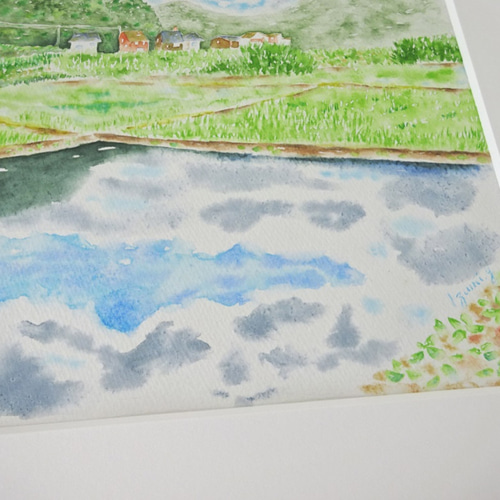 ✻【原画/額装】田んぼの水鏡 ポテとゆきだるまん no.160 | 水彩画